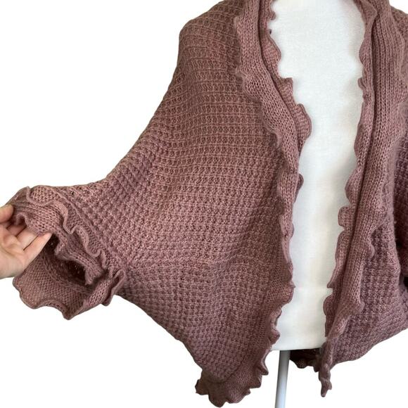 Anthropologie Moth Sz XS Rocia Ruffled Coccon Cardigan Waffle Knit Mauve Boho - Picture 6 of 16